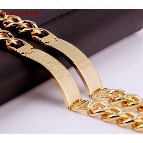 Granny Chic Mens Jewelry Gold Tone Stainless Steel Curb Chain Spanish Bible Link Chain ID Bracelet