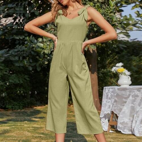 Foridol Bowknot Cotton Linen Wide Leg Jumpsuits Women Casual Sleeveless Overalls Summer Loose Green Jumpsuits 2021 Blue