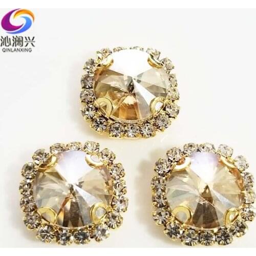 Champion Round shape top glass crystal rhinestones with hole,golden bottom sew on stone for Diy Clothing accessories
