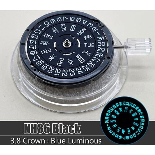 C3 Luminous NH36 Mechanical Movement 3.8 O'Clock Crown Black Datewheel Day/Date Dial Japan Automatic 24 Jewels Watch Accessories