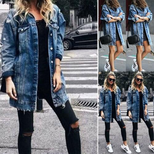 2020 Fashion Womens Autumn New Retro Boyfriend Fitted Denim Jeans Long Jacket Long Sleeves Jeans Coat Outwear Plus Size