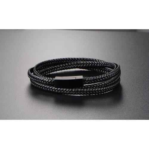 Fashion Black Genuine Leather Bracelet Black Stainless Steel Clasp Multi Layer Braid Rope Chain Wristband Vintage Gifts