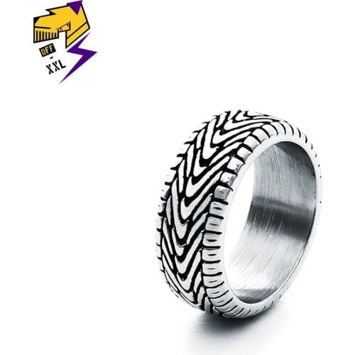 Vintage Punk Motorcycle Tire Rings for Men Antique Silver Stainless Steel Grooved Tread Ring for Women Steampunk Biker Jewelry