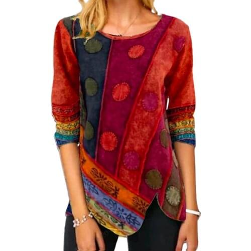 Autumn bloues for waman Retro Printed Irregular Hem O Neck Long Sleeve Blouse Tunic woman fashion 2021 elegant Red xxxl