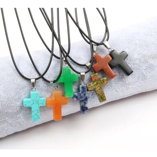 Crosses Natural Semi-precious Stone Pendant Charms Men Women Necklace Leather Cord Korean Round Waxed Cord Jewelry Fine Gift