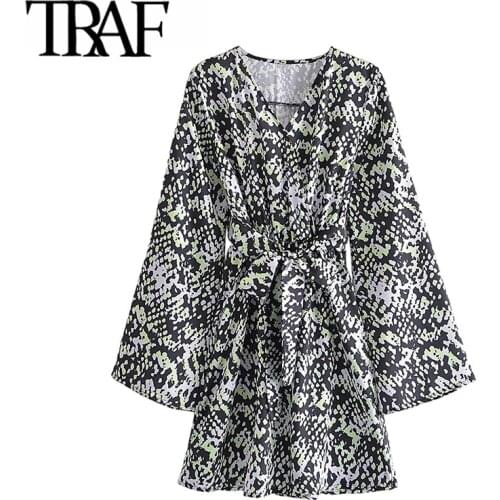 TRAF Za Women Fashion With Belt Green Leopard Print Mini Dress Vintage V Neck Long Sleeve Female Dresses Vestidos Mujer