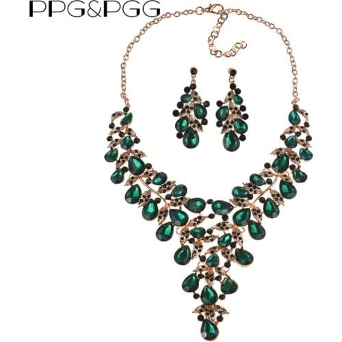 PPG&PGG Dubai Wedding Jewelry Green Rhinestone Crystal Statement Bridal Necklace Sets For Women Wholesale