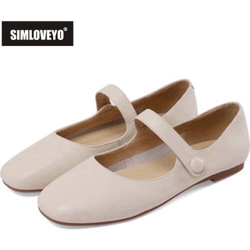 SIMLOVEYO 2021 Genuine Leather Comfort Plus Ladies Flats Mary Janes Buckle Strap Round Toe Square Heel 1cm US9 Black Beige A4283