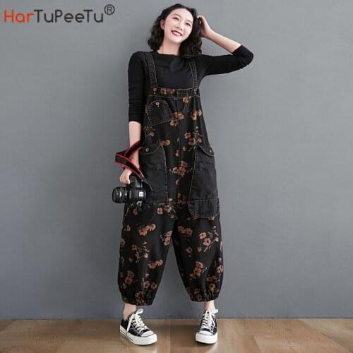 Loose Denim Jumpsuit Women 2021 Autumn Korean Style Wide Leg Baggy Jeans Retro Floral Print Black Bib Pants with Straps