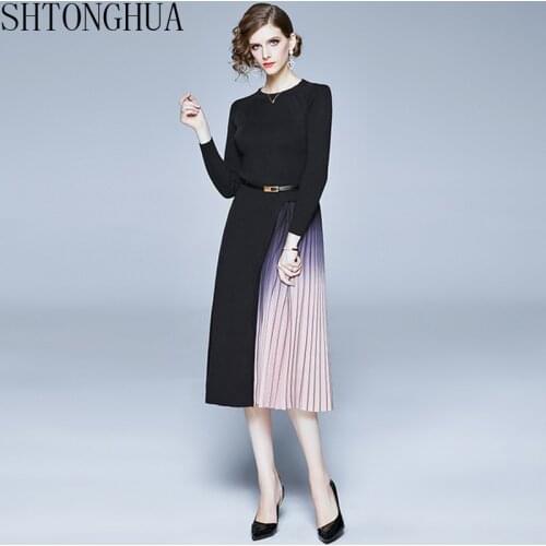 2020 Spring Women Dress Pleated O Neck Knitting Patchwork Belt Gradient Long Ladies Dresses Thinness Mid-calf Work Casual Party