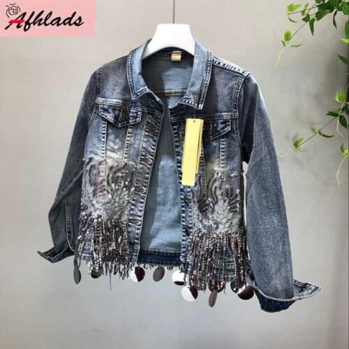 Luxury denim jacket female 2021 Spring And autumn new tassel sequins long sleeve slim coat turn-down collar rivet Jacket