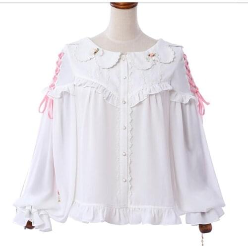 Lolita Long Sleeve Shirt Top Ladies Solid Color White Shirt Sweet Ruffle OL Elegance Kawaii Loli White Shirt