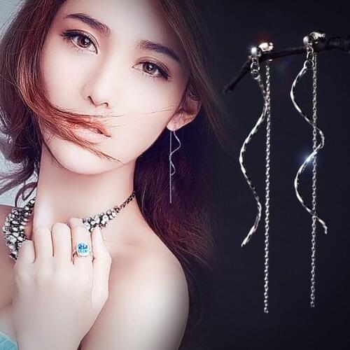 MloveAcc Pure 925 Sterling Silver Long Spiral Simple Temperament Earrings Twisted Waves Long Tassel Earrings Women Jewelry