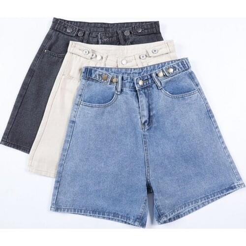 Ailegogo 2021 New Summer Women Button Wigh Leg Jeans Shorts Casual Female High Waist Loose Fit Blue Denim Shorts