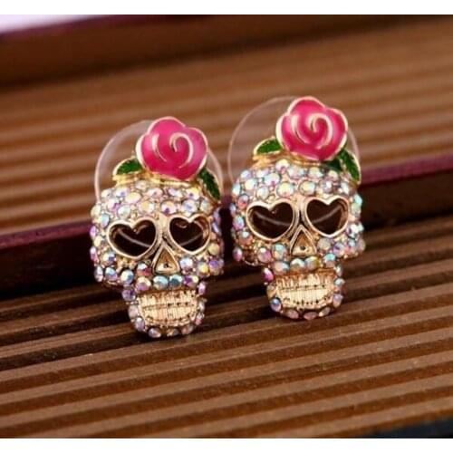 Hot Expected Funny Ladies Women Fashion Accessories Personality Cute Pink Rose Rhinestone Skeleton Skull Ear Studs Earrings