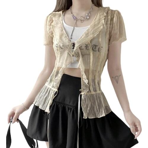 Womens Button Down Tops Sexy V Neck Short Sleeve Solid Color Sheer Mesh Ruffle Shirts
