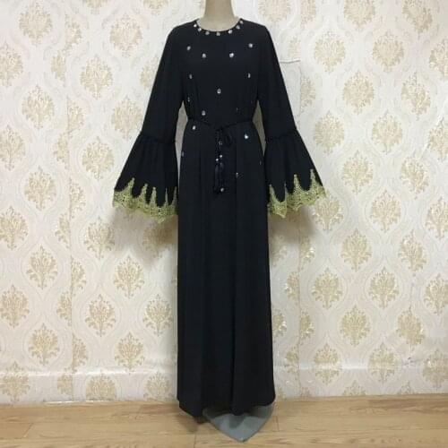 Dubai Muslim Open Abaya Dress Women Diamond Outwear Loose Long Robe Lace-up Turkish Islamic Clothes Trumpet Sleeve Hijab Dresses