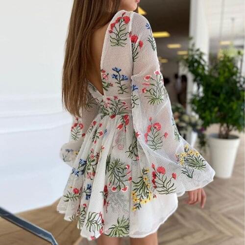 Flowers Dress For Women Embroidery Network Hollow Out Lantern Sleeve Sexy Lovely Dating Holiday Birthday Party Mini Dress