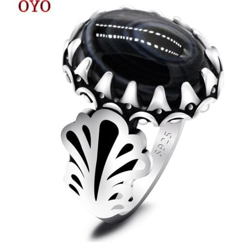 100%925 Silver Leaf Ring Black Gemstone Mens Ring New Beads Europe and America