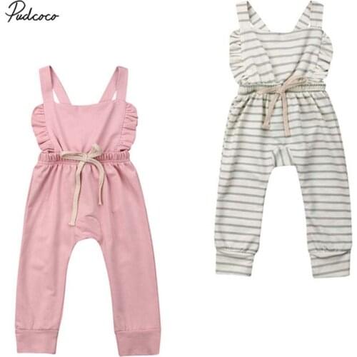 2019 Brand Lovely Summer Infant Baby Girl Cotton Sleeveless Romper Cute Ruffle Stripe Bandage Jumpsuit Clothes Outfit Bib Pants