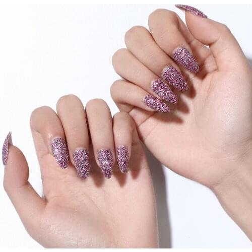 24pcs Solid Color Glitter Design Pointed False Nails European Press On Nail Tips Removable Glue Nail Tool Women Manicure