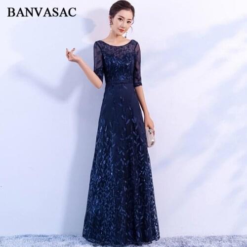 BANVASAC 2018 O Neck Sequined A Line Long Evening Dresses Party Bow Sash Lace Illusion Half Sleeve Backless Prom Gowns
