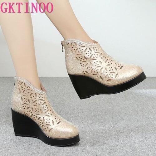 GKTINOO Fashion Rhinestones Gauze Sandals Summer New Mesh Boots Genuine Leather Womens Shoes Hollow Boots High Heels Wedges