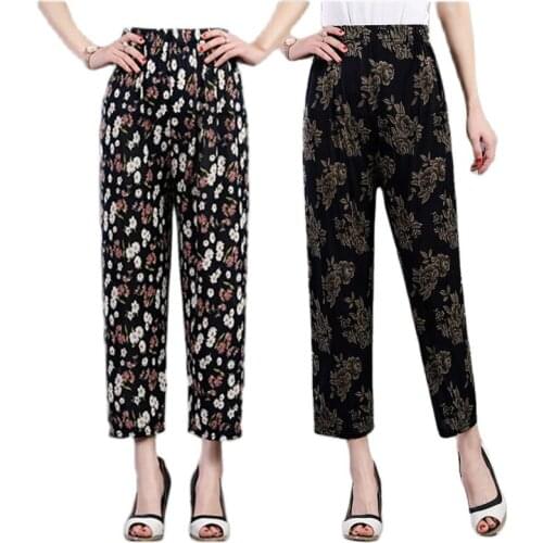 2021Middle-Aged Elderly Womens Pants Summer Ice Silk Large Size Flower Trousers Elastic Waist Casual Nine-Point Pants Female842