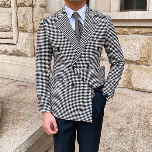 Thoundstooth Double Breasted Jackets Suits Tailor-Made Notch Lapel Groom Wear Blazers Slim Fit Trajes A Medida Male Coat 2022