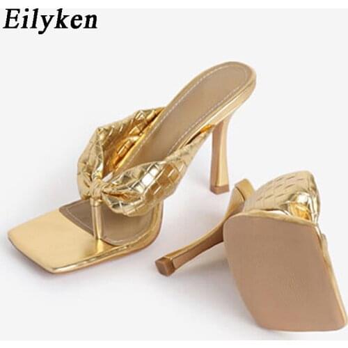 Eilyken 2021 New Fashion Women Thin Heel Slippers Square Open-toed High Quality Golden Slides Flip Flops Shoes Size 35-42