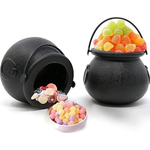 Halloween Candy Kettle Mini Plastic Witch Cauldron Candy Pot Hanging Buckets with Handle for Party Bar Haunted House Decoration
