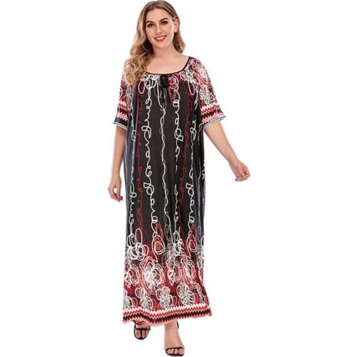 Eid Mubarak Muslim Abaya Printed Kaftan Long Dress For Women Arab Middle East Dubai Ramadan Islamic Vestido Summer Plus Size 4XL