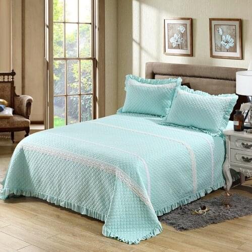 CHAUSUB Princess Bedspread Quilt Set 3pcs Green Solid Lace Embroidered Quilts Bed Cover Super King Queen Size Bedding Coverlets