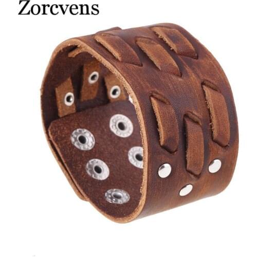 Modyle 2020 Vintage Punk Big Wide Brown Genuine Leather Braid Wrap Bracelet Bangle Wristband Cuff Snap Clasps for Male Men