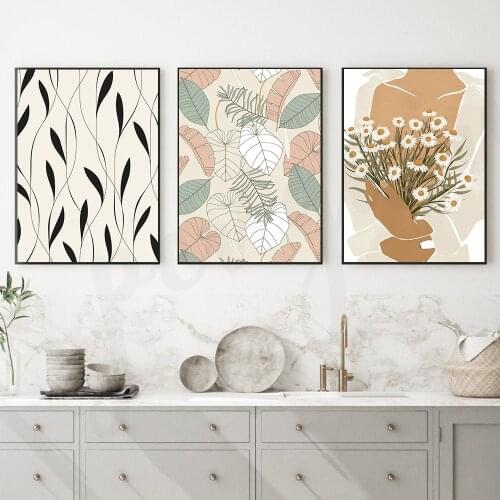 Minimalist Wall Art Canvas Painting Abstract Geometry Line Leaves and Flower Art Poster Print Wall Picture for Living Room Decor