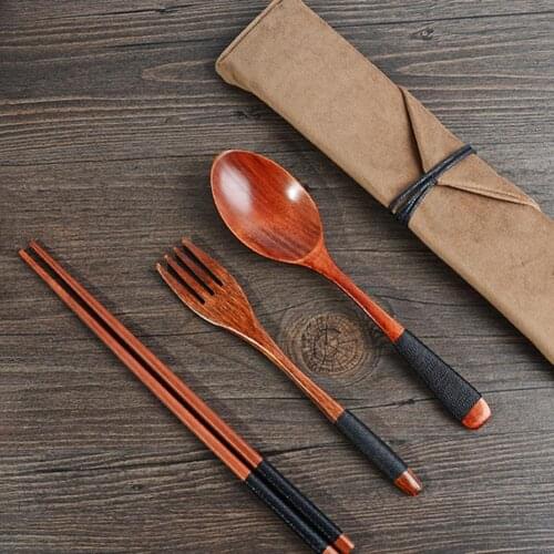 Portable Tableware Wooden Cutlery Sets with Useful Spoon Fork Chopsticks Travel Gift Dinnerware Suit with Cloth bag