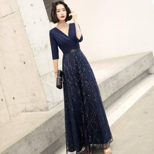 Bridesmaids Dresses Illusion V-Neck Half A-Line Tulle Lace Sashes Sequined Pleat Luxury Navy Blue Women Wedding Party Gown E811