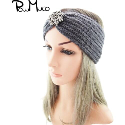 Powmuco Autumn and Winter Soft Warm Knitting Wool Elastic Hairband Solid Color Crochet Striped Headband Women Sports Headwear