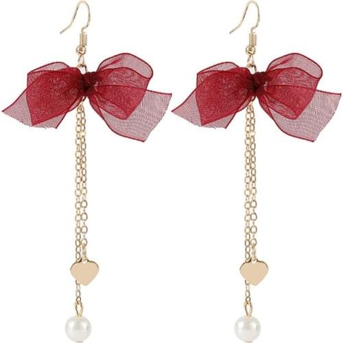 CRLEY new dark red bowknot drop earrings yarn handmade eardrop gold color chain beautiful simulated pearl dangle girl earrings