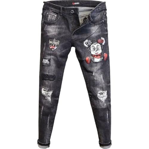 Spring summer 2020 fashion cartoon jeans mens embroidered Ripped holes stretch slim-fitting pencil pants youth mens trousers