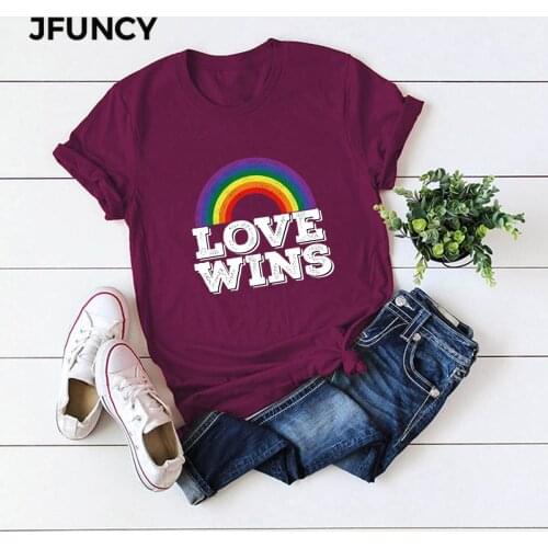 JFUNCY Rainbow Love Print Womens T-shirt Cotton Short Sleeve Summer Tops Casual Women T Shirt Female Plus Size Clothes