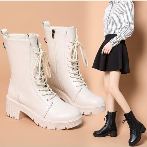 Women Motorcycle Boots Wedges Flat Shoes Woman High Heel Platform PU Leather Boots Lace Up Women Shoes Black Boots Girls
