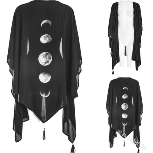 Women Gothic Steampunk Kimono Cardigan black Summer Long Crochet Chiffon Kimono preto Loose Moon printed Blouse Tops S-3XL