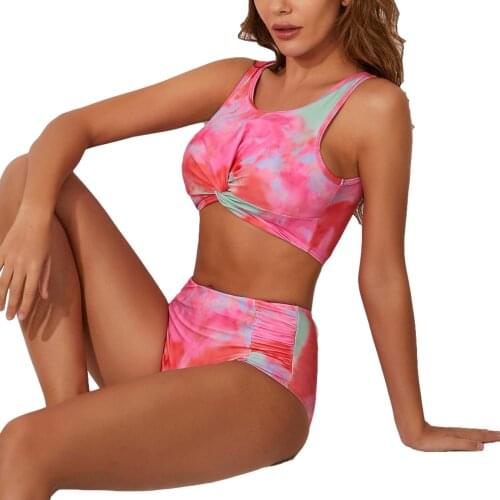 Womens Sexy Bikini Set Tie Dye Color High Waist Ruched Knot Swimwear Swimsuits