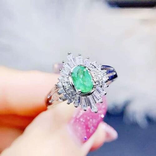 Fine Natural Emerald Gemstone Fashion Women’s Ring Real S925 Pure Silver Super Flash Wedding Jewelry MeiBaPJFS