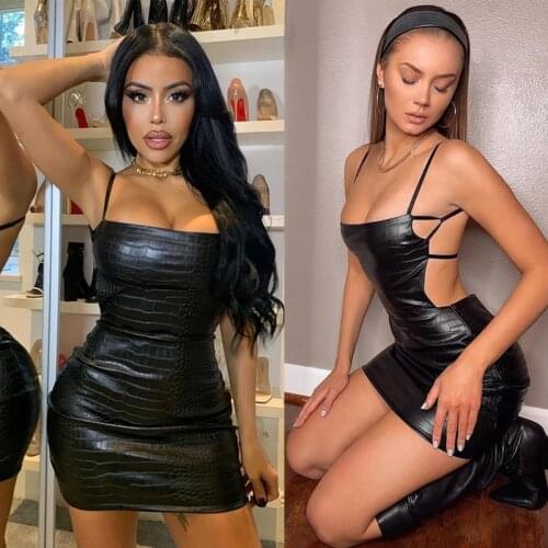 SKMY Women Clothing Black Slip Dress Leather Sexy Backless Sleeveless Bodycon Mini Dress 2021 Summer Beach Party Clubwear