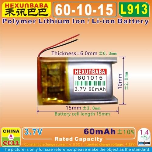 10pcs [L098] 3.7V 60mAh [601015] Polymer lithium ion / Li-ion battery for SMART WATCH,bluetooth earphone,mp3;dvr,mp4,GPS