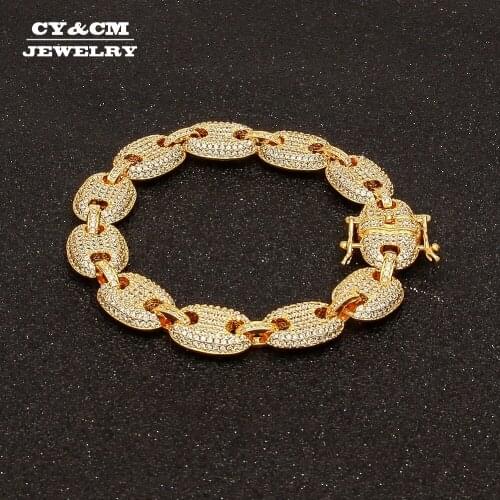 13mm Coffee bean Bracelet Multicolor CZ Cubic Zirconia Paved Puffed Marine Chain Hip hop Link Gold Silver Color Punk Charm 7"8"