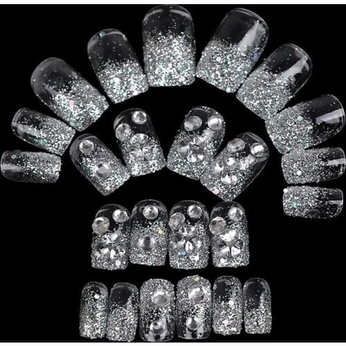 24pc 3D Rhinestone Glitters Bling Decoration With Glue Noble Manicure Long Fake False Acrylic Sticker Nail Tip