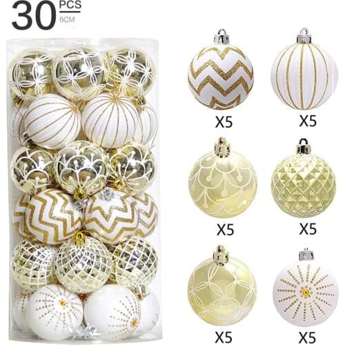 30PCS Christmas Tree Balls Ornaments 6CM Gold&White Painted Festive Wedding Hanging Ornament Xmas Party Decoration